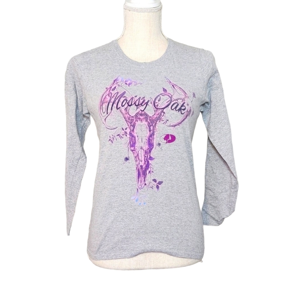 Mossy Oak Women Small Gray Long Sleeve Shirt Purple Graphic